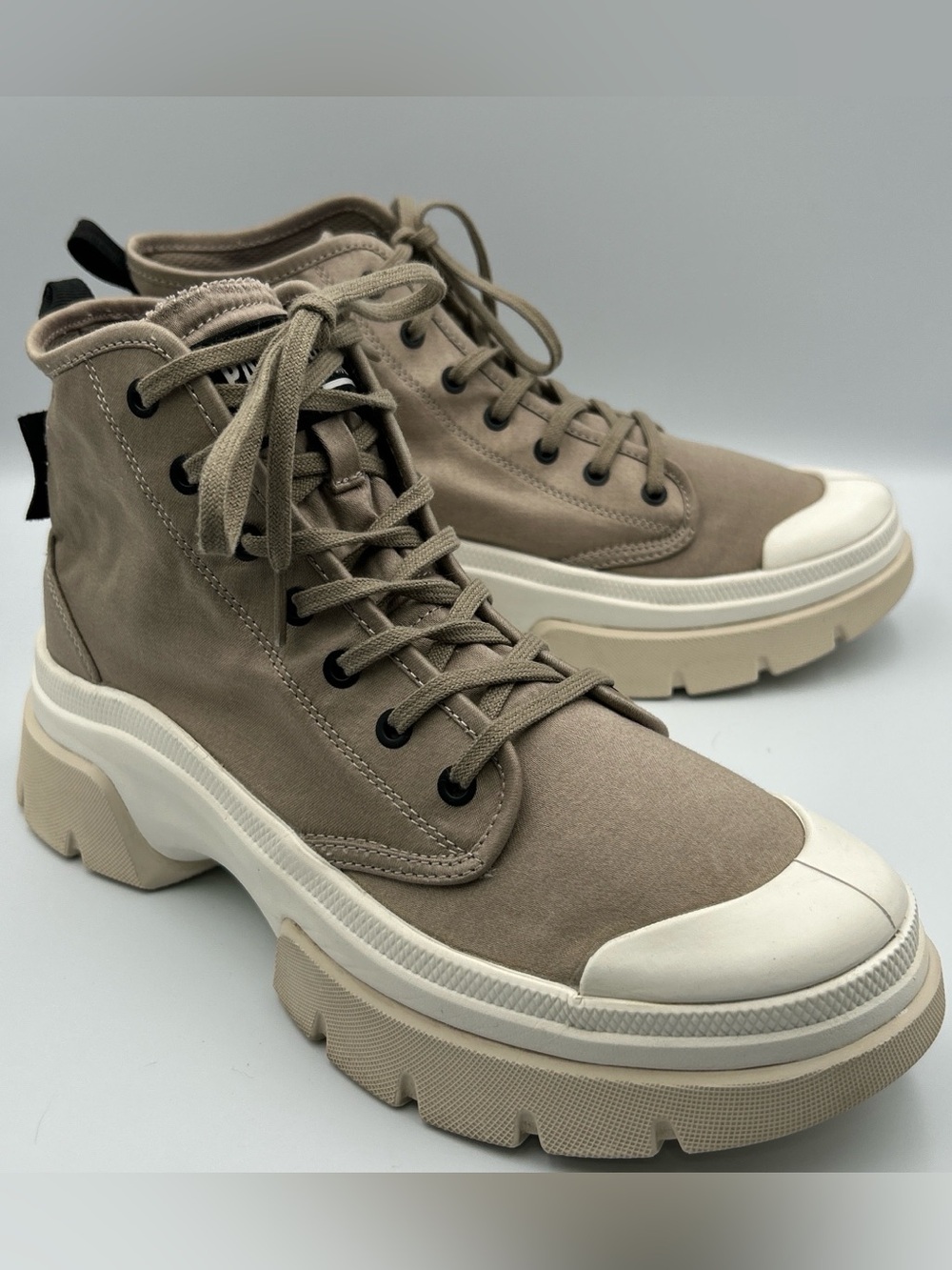 Palladium Pallawave Combat Boot Size 11 Brown Canvas Platform Chunky Sole Ankle